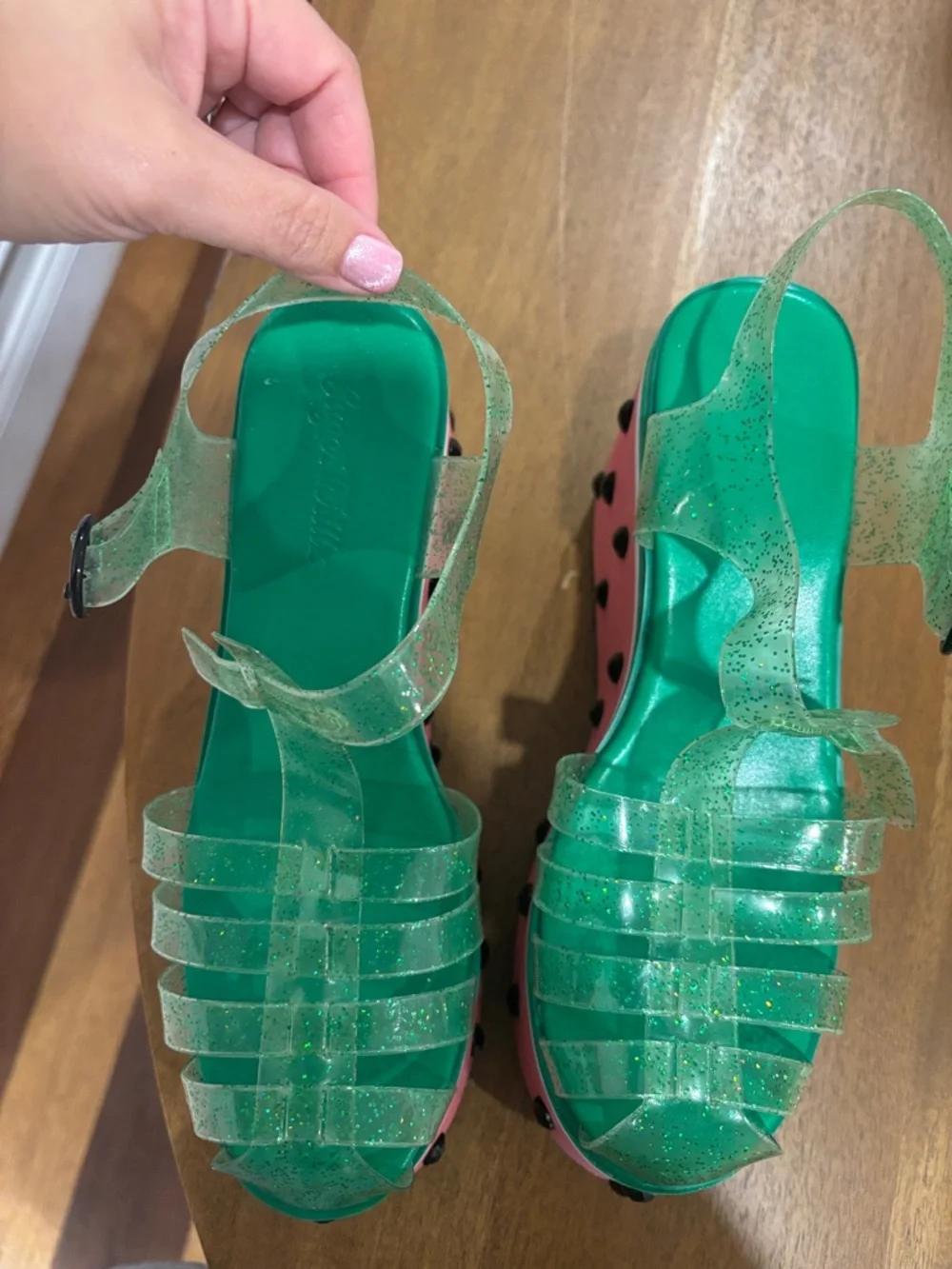 Sugar Thrillz Green Glitter Jelly Platform Sandals with Pink Watermelon Wedge